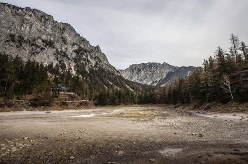 Grüner See ohne Wasser:
Der gleiche Ort, aber der See ist ausgetrocknet. Statt Wasser sieht man eine breite, graue Fläche mit etwas Gras und Steinen. Die Bäume rundherum sind noch da, aber der Himmel ist grau und trüb. Die Berge im Hintergrund sind dieselben, wirken aber dunkler. Das Bild wirkt eher leer und still.