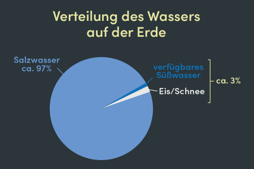 Kreisdiagramm zur Verteilung des Wassers auf der Erde. Etwa 97 Prozent sind Salzwasser, etwa 3 Prozent sind Süßwasser. Der Großteil des Süßwassers ist in Eis und Schnee gebunden, nur ein sehr kleiner Anteil ist als verfügbares Süßwasser nutzbar.